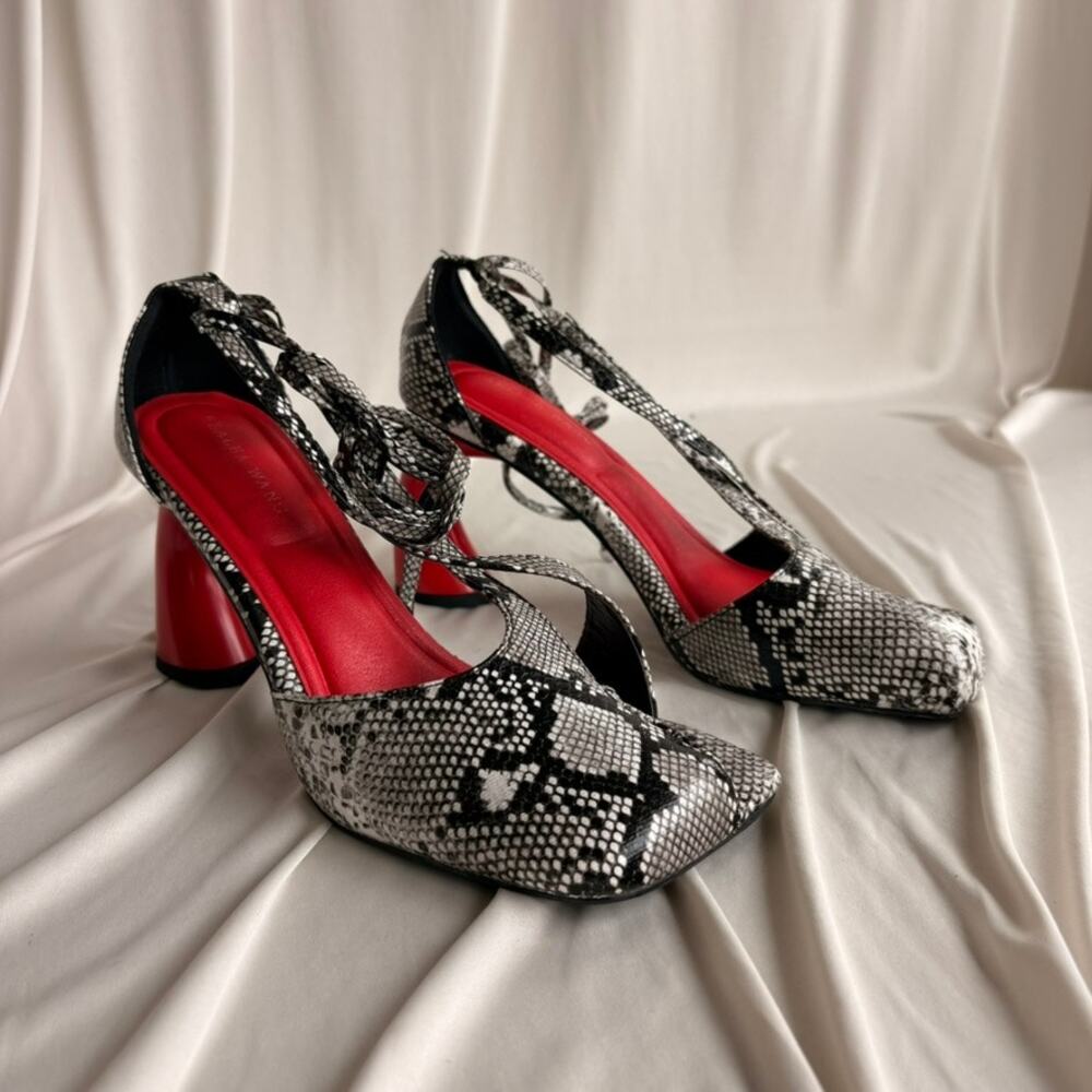 Azalea Wang Buiky Snake Print Curved Heel Pumps - Red Heel, Size 8.5